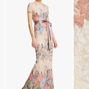 Adrianna Papell Beige Floral Jacquard Dress with Satin Taupe Waist Tie